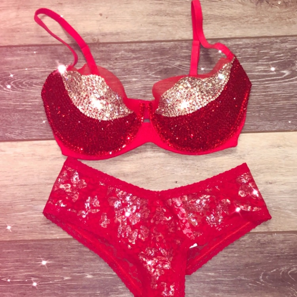 💗VICTORIA SECRET CUSTOM BLING RHINESTONE BEDAZZLED BRA AND PANTY BUNDLE SET
